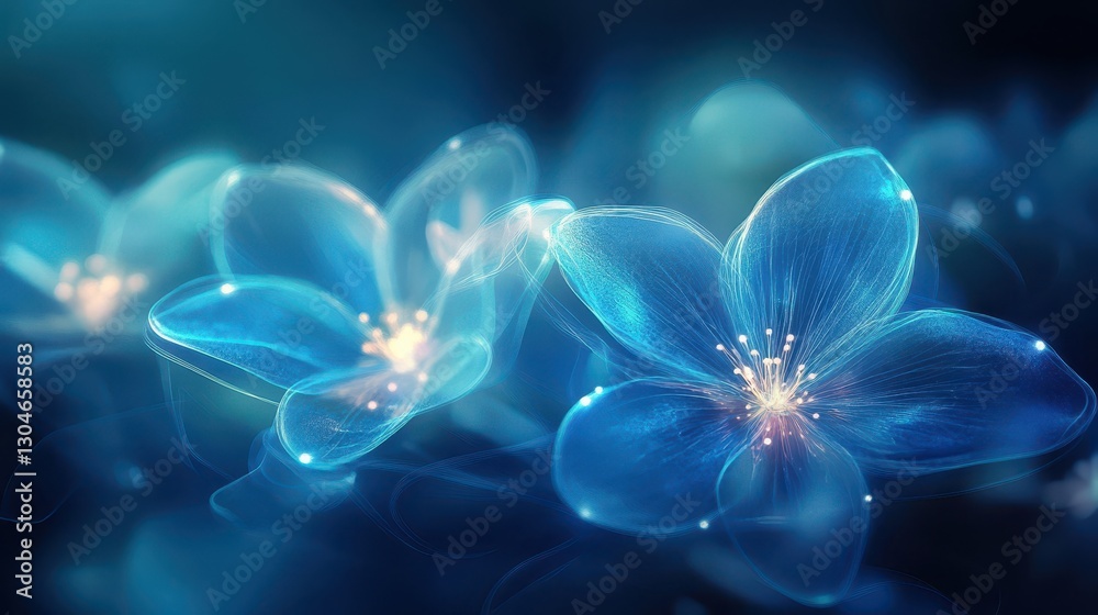 Obraz premium An abstract neon floral backdrop with glowing bioluminescent petals in intricate patterns with flickering lights in ultramarine mist