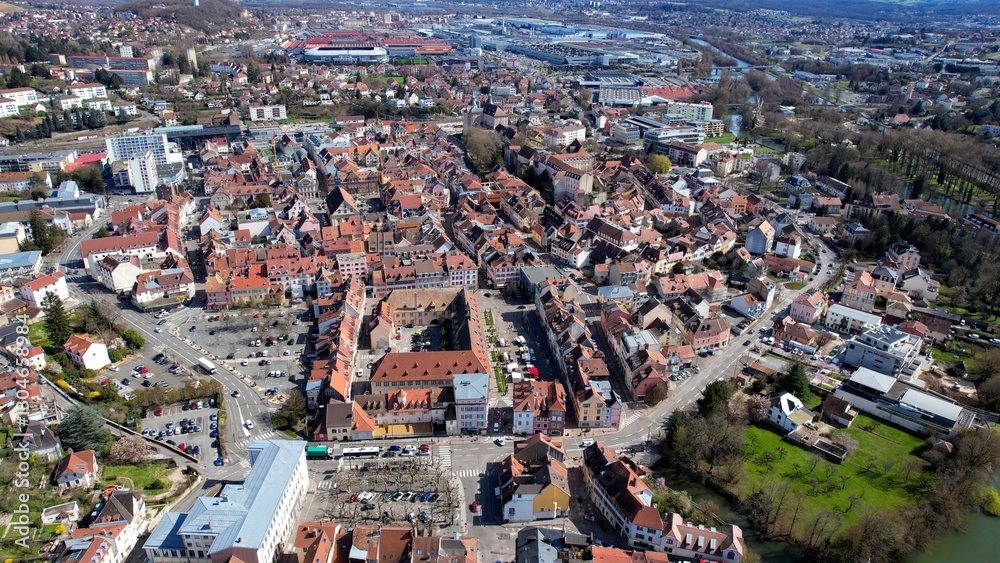 Aerial panoramic view around the old town in Montbeliard, France on a sunny day in spring