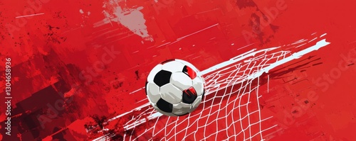 Soccer ball in net, red grunge background.