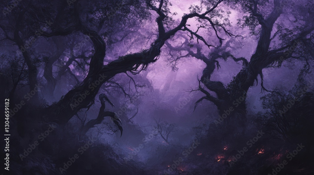 A surreal gothic forest backdrop with claw-like branches against a twilight sky merging deep purples and grays into a misty landscape