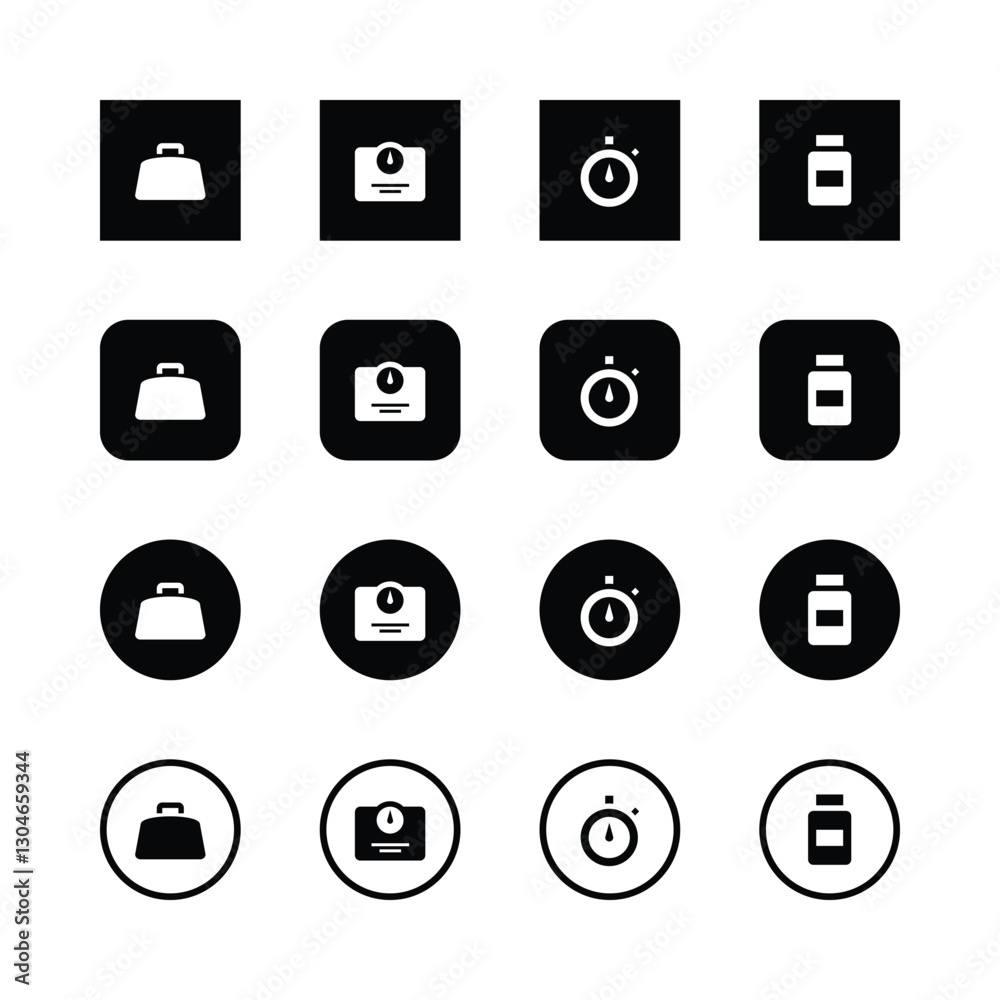 Icon set, minimalist design, black and white, briefcase, identification card, stopwatch, medicine bottle, user interface elements, mobile app icons, web design symbols, vector graphics, clean lines.