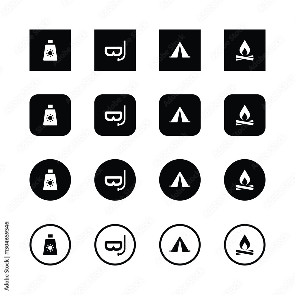 Icon set, summer activities, beach essentials, sunscreen, snorkeling mask, camping tent, campfire, minimalist design, black and white, simple shapes, square icons, circular icons, outdoor adventure. Icon set, summer activities, beach essentials, sunscreen, snorkeling mask, camping tent, campfire, minimalist design, black and white, simple shapes, square icons, circular icons, outdoor adventure.