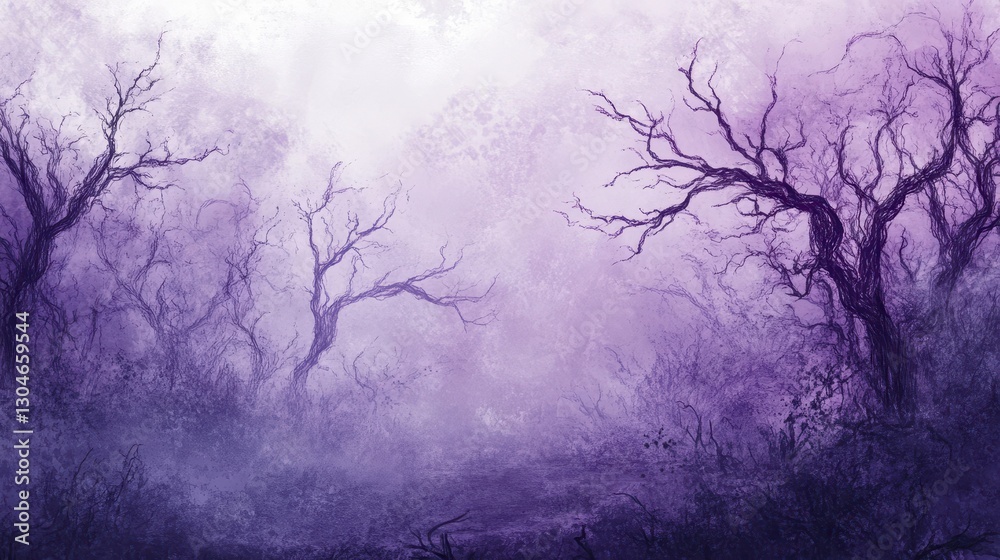 A haunting gothic background with skeletal trees reaching toward a stormy violet sky mist blending with soft ink-like textures A haunting gothic background with skeletal trees reaching toward a stormy violet sky mist blending with soft ink-like textures