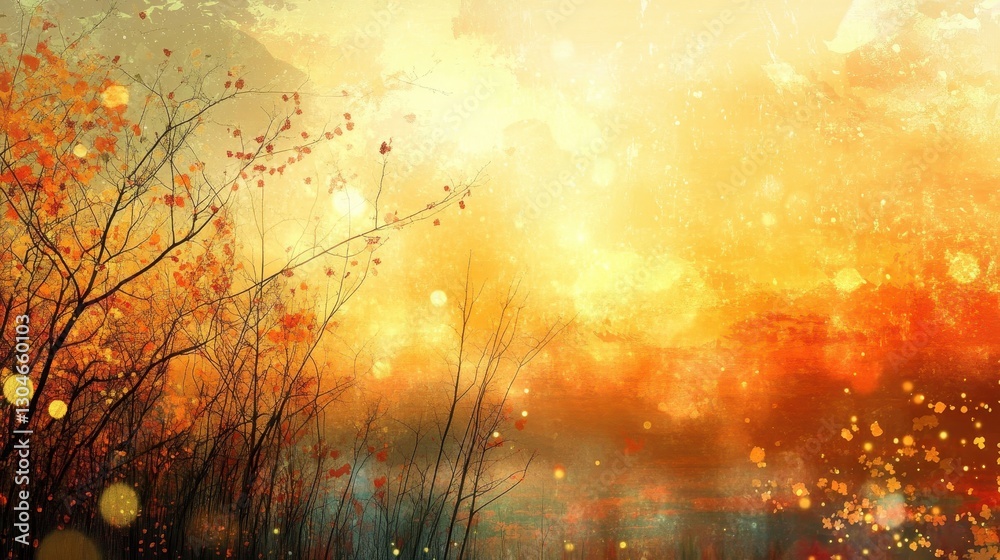 Fototapeta premium A golden sunset backdrop with glowing light streaks through autumn foliage