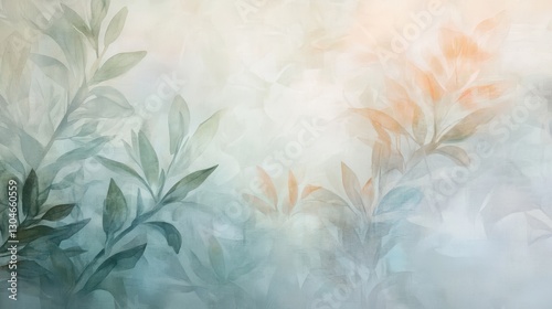 A watercolor wallpaper with soft-focus botanical shapes in muted greens and lilacs creating a hand-painted effect