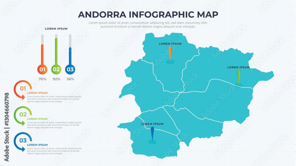 Fototapeta premium Infographic Map of Andorra. Andorra country map infographic colored vector template with regions and pointer marks.