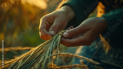 Woman's hands weaving reeds at sunset, rural field background, craft