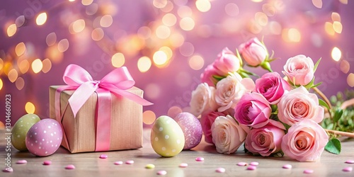 Pink bokeh, gifts, and roses celebrate Valentine's and Easter in a delightful holiday backdrop.