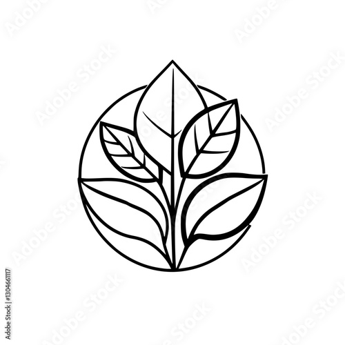 Black and white stylized design of leaves, enclosed in a circle, minimalistic representation of nature.