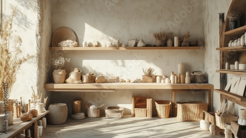 serene artisan workspace featuring shelves adorned with handcrafted pottery baskets and natural elements illuminated by soft light creating calm atmosphere photo