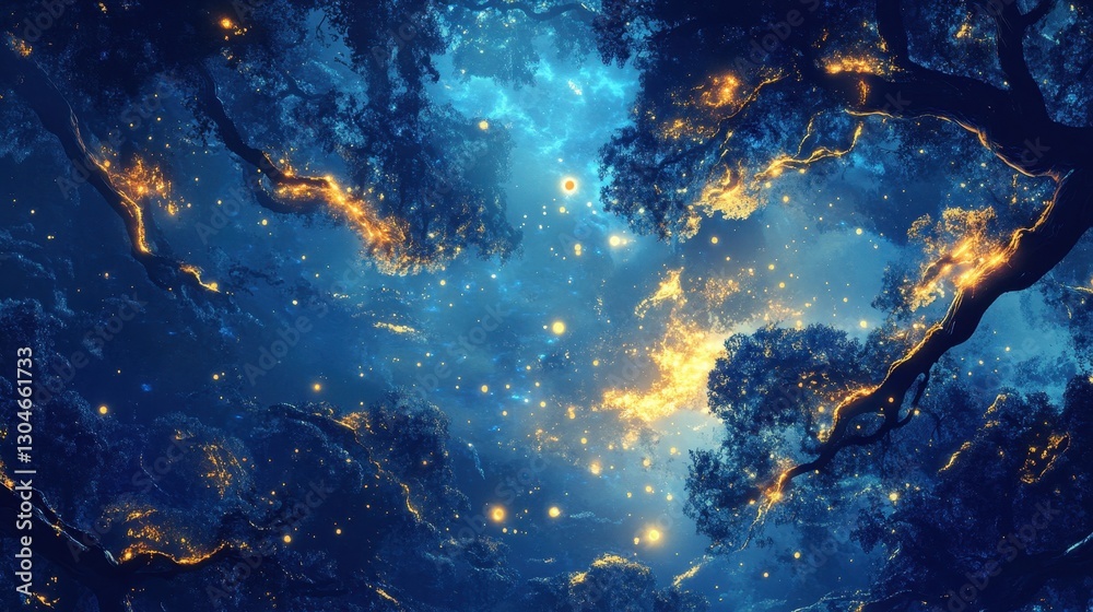 Obraz premium A digital fantasy background with golden leaves floating in a sapphire mist