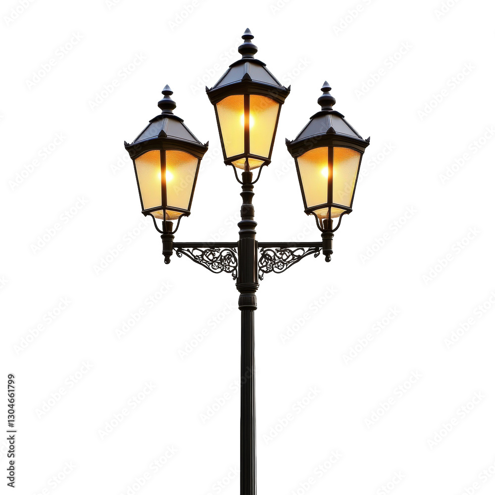 Ornate Three-Light Lamp Post Illuminating the Night Ornate Three-Light Lamp Post Illuminating the Night