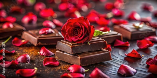 Premium chocolate and rose petals create a romantic Valentine's Day treat, captured in exquisite sensual photography.