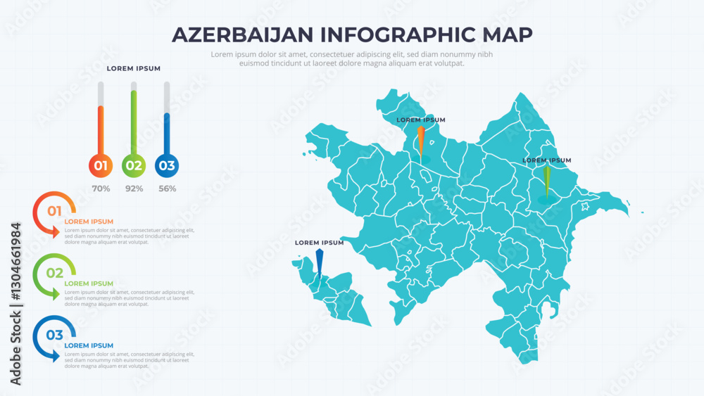 Obraz premium Infographic Map of Azerbaijan. Azerbaijan country map infographic colored vector template with regions and pointer marks.