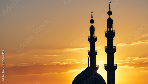 Silhouette of Mosque Minarets Against a Golden Sunset, Islamic Architecture and Spirituality
