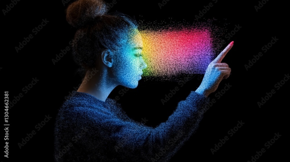 Colorful Digital Art of Woman Pointing at Vibrant Light Display Colorful Digital Art of Woman Pointing at Vibrant Light Display