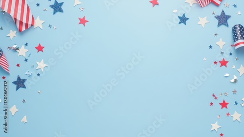 The concept of USA Independence Day, American Labor Day, Memorial Day, and US election is represented in a Happy Presidents Day banner mockup complete with American flags, confetti, and ribbon photo