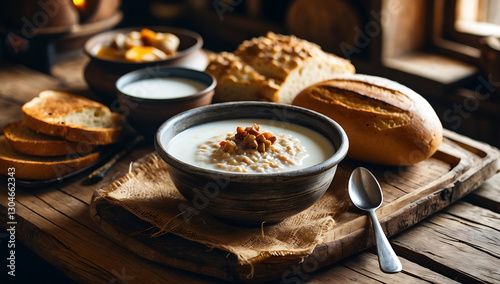Rustic Breakfast with Creamy Porridge, Fresh Bread, and Milk in a Cozy Countryside Setting
