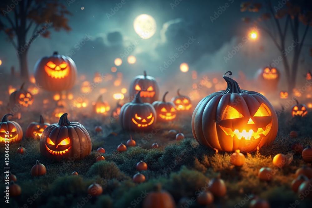 Fototapeta premium Miniature Jack-o'-lanterns Glow in Moonlight, Spooky Halloween Night Tilt-Shift