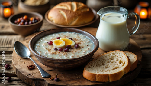 Rustic Breakfast with Oatmeal, Boiled Eggs, Fresh Bread, and Milk in a Cozy Setting
