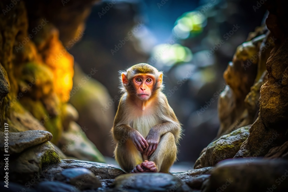 Obraz premium Miniature Macaque on Cave Rock: Tilt-Shift Wildlife Photography