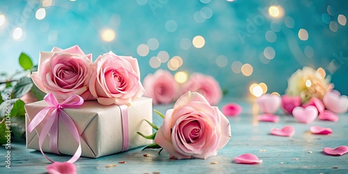 Romantic pink roses, hearts, and gift boxes artfully arranged against a soft blue bokeh, a dreamy floral scene.