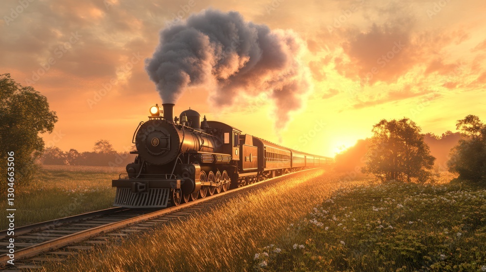 Obraz premium Vintage steam train traveling through a field at sunset.