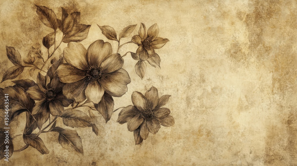 A luxurious botanical backdrop with classic floral etchings in brown ink layered over aged sepia-toned watercolor paper texture A luxurious botanical backdrop with classic floral etchings in brown ink layered over aged sepia-toned watercolor paper texture