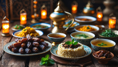 Luxurious Iftar Feast with Dates, Traditional Middle Eastern Cuisine, and Lanterns for Ramadan
