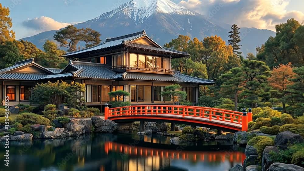 A serene Japanese garden with a traditional house and a red bridge, framed by mountains.