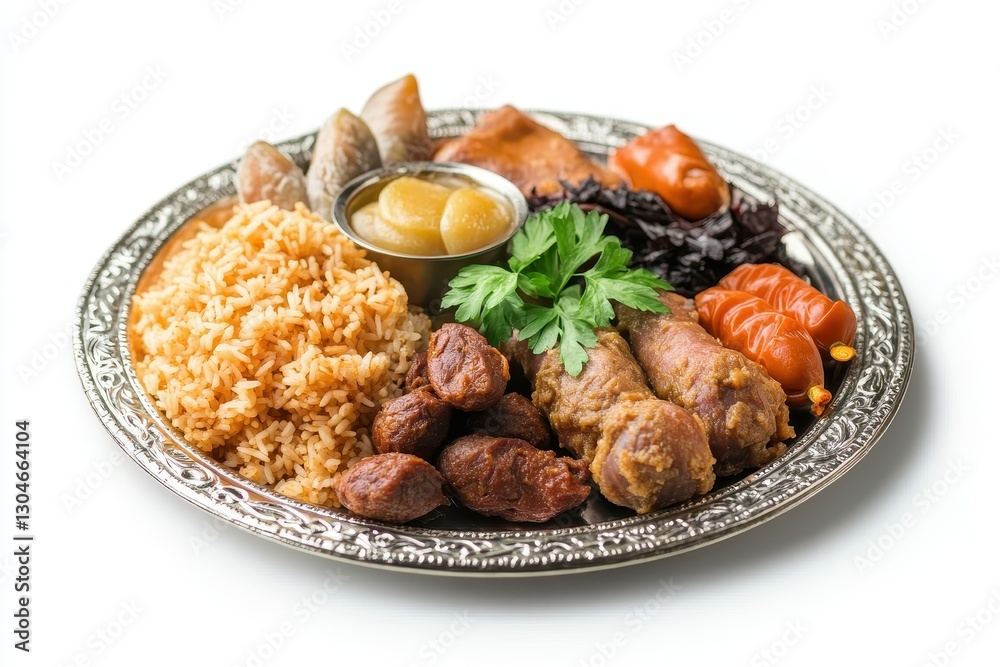 Roza fasting meal isolated on white background with traditional iftar foods Roza fasting meal isolated on white background with traditional iftar foods