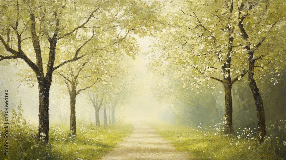 Fototapeta premium A mystical spring landscape with towering trees covered in fresh green leaves dewdrops sparkling under the morning sunlight
