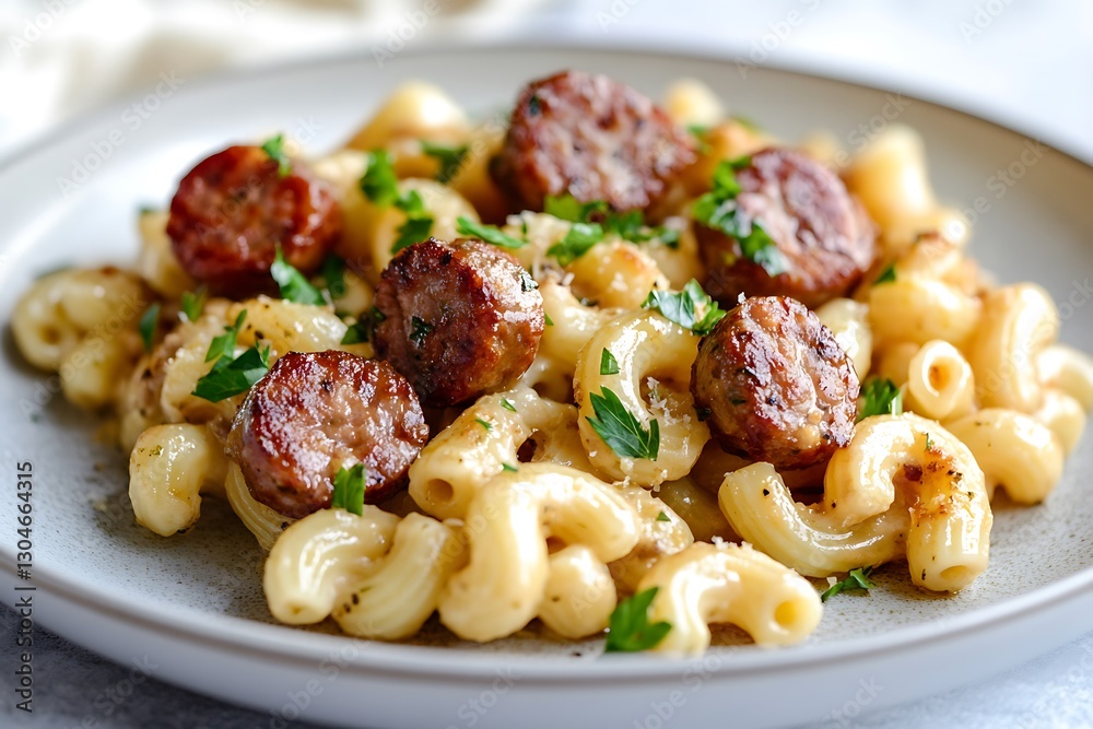 A plate of pasta with sausage is presented on a white plate with a gray rim A plate of pasta with sausage is presented on a white plate with a gray rim