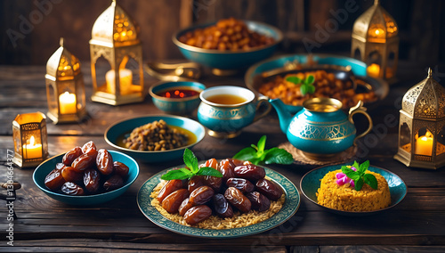 Elegant Iftar Setting with Dates, Traditional Middle Eastern Food, and Lanterns for Ramadan
