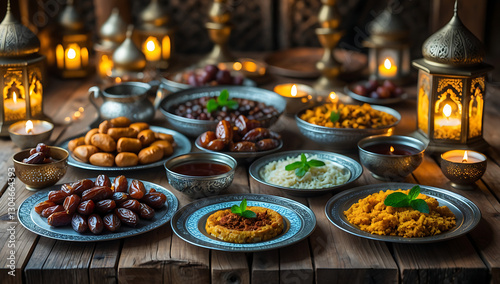 Traditional Iftar Feast with Dates and Middle Eastern Dishes, Ramadan Celebration with Lanterns

