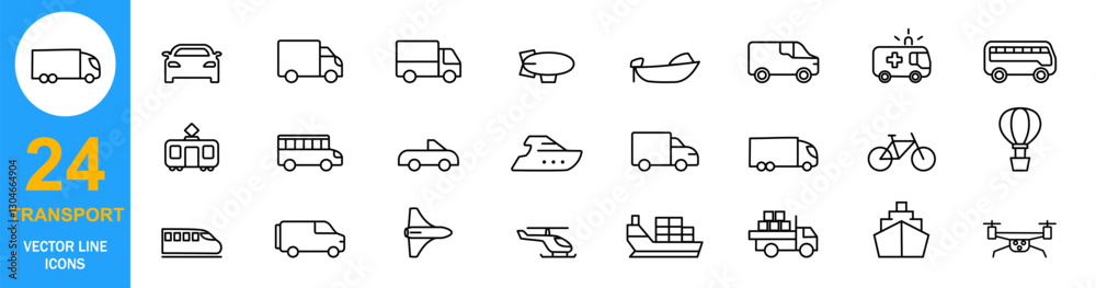 Transportation Icons for Websites and Mobile Apps: Cars, Trains, Planes, and More.Transport set of web icons in linear style.