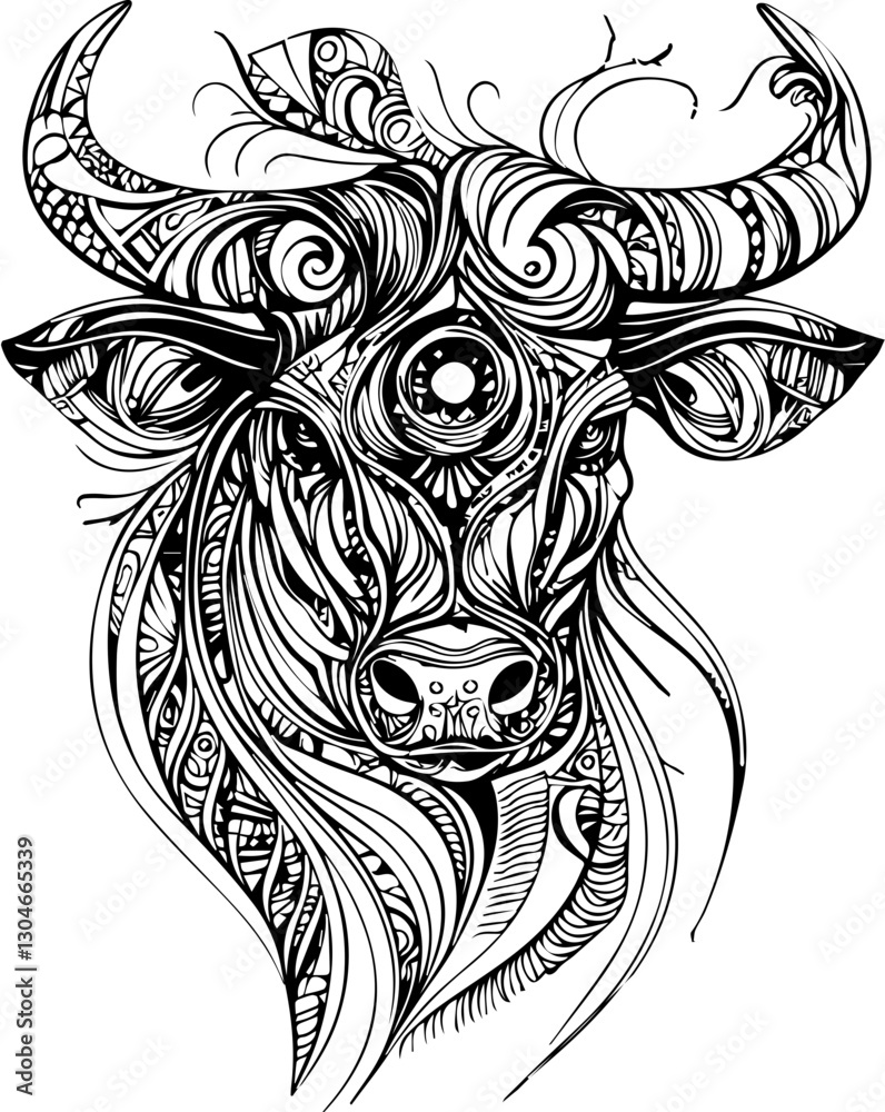 SVG vector features zentangle animal designs. Intricate Line Art of a Stylized Bull Head with Swirls SVG vector features zentangle animal designs. Intricate Line Art of a Stylized Bull Head with Swirls