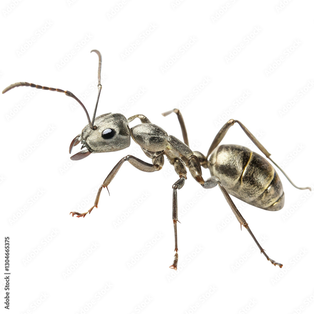 Small silver ant with curved antennae, isolated on a transparent background. Small silver ant with curved antennae, isolated on a transparent background.
