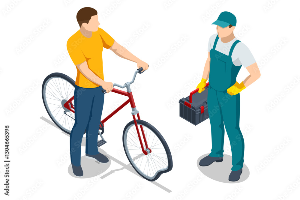An isometric vector illustration of a cyclist with a damaged red bike consulting a repair technician holding a toolbox, depicting a 3D bicycle maintenance scene. An isometric vector illustration of a cyclist with a damaged red bike consulting a repair technician holding a toolbox, depicting a 3D bicycle maintenance scene.