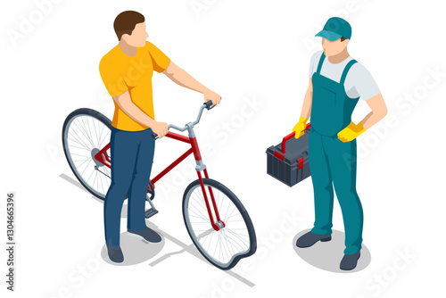 An isometric vector illustration of a cyclist with a damaged red bike consulting a repair technician holding a toolbox, depicting a 3D bicycle maintenance scene.