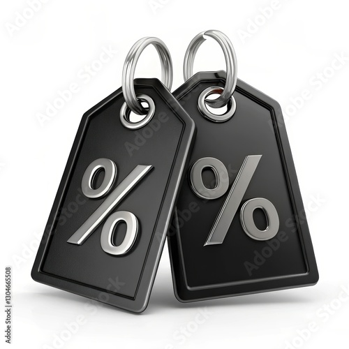 3D Rendered Black Price Tags with Percentage Symbols for Discounts and Sales