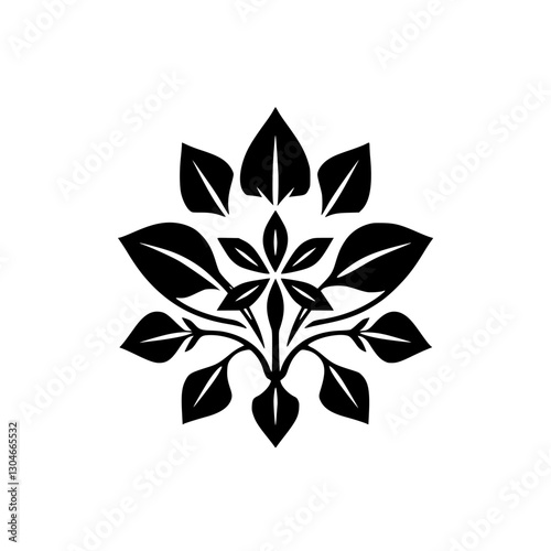 Symmetrical floral design, black on white, with leaves emanating from the center. A minimalist, geometric, nature-inspired.