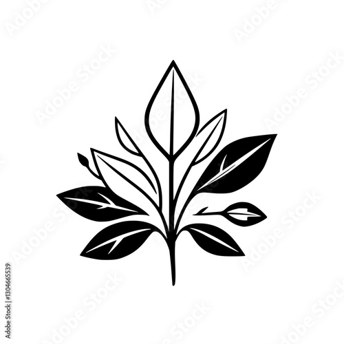 Vectorized Illustration of a Branch with Leaves and Buds on White Background.