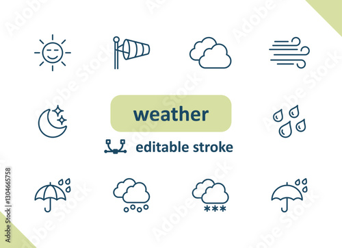 Weather icons. Weather forecast, meteorology, clouds, wind, sunny, rain vector icon set