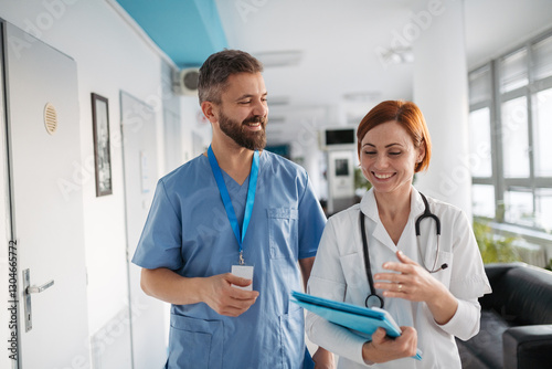 Two doctors walking across hospital hallway, holding medical records in hand.