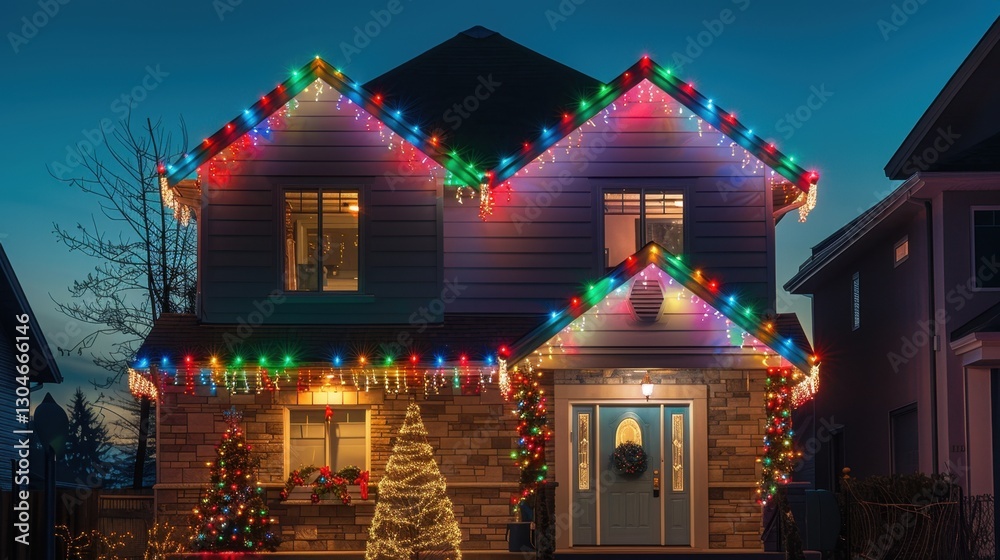 Fototapeta premium Christmas Lights: Vibrant lights in red, green, blue, and white, decorating homes and trees, casting a festive glow that enhances the holiday spirit. 