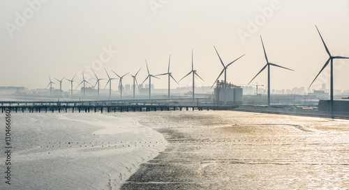 Photography Wind turbine farm by the sea, generating green energy