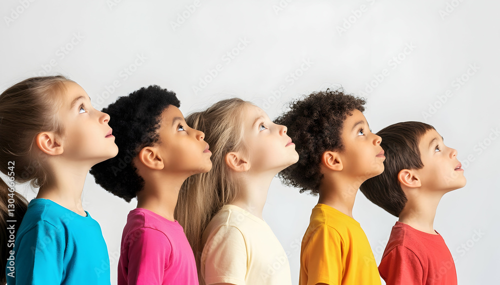 Side view of children in a row looking up at the sky - Side view of children in a row looking up at the sky -