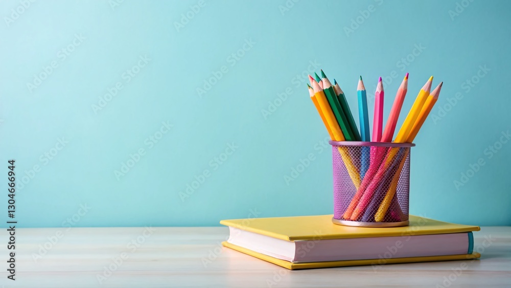 Minimalist Back to School: Simple Desk with Books and Pencil Minimalist Back to School: Simple Desk with Books and Pencil