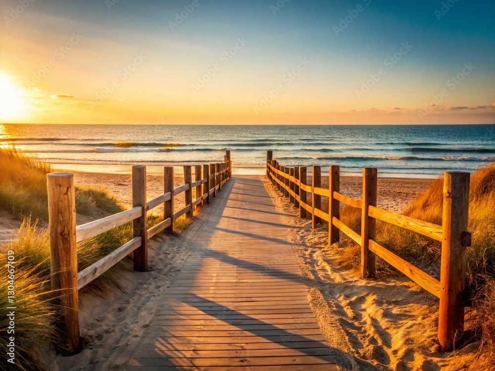 Obraz premium Minimalist Beach Entrance: Wooden Fence, Path to Empty Shore, Ocean Horizon